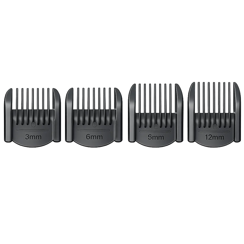 Set of black hair clipper comb attachments on a white background