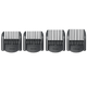 Set of black hair clipper comb attachments on a white background