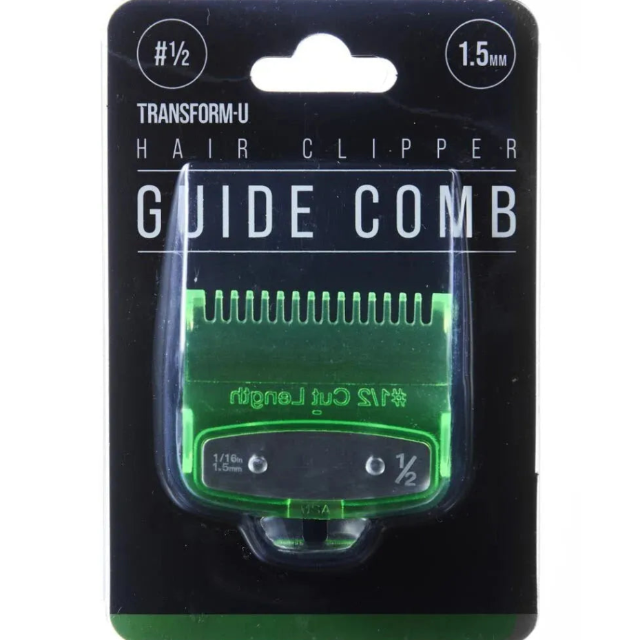 Green hair clipper guide comb in packaging with brand name on a white background