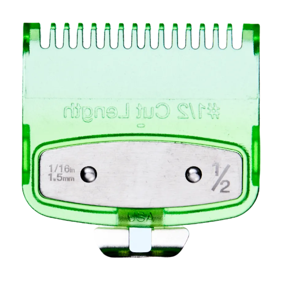 Green guide comb with measurement markings on a transparent background