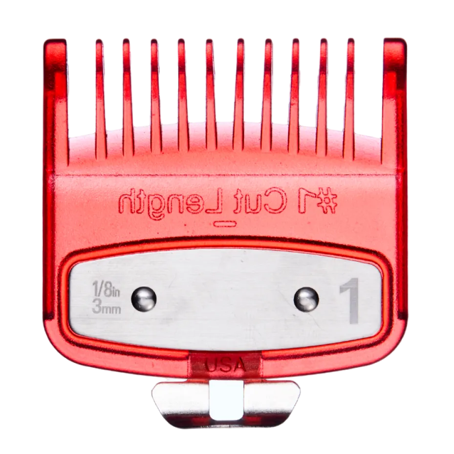 Red hair clipper comb with brand logo on a transparent background