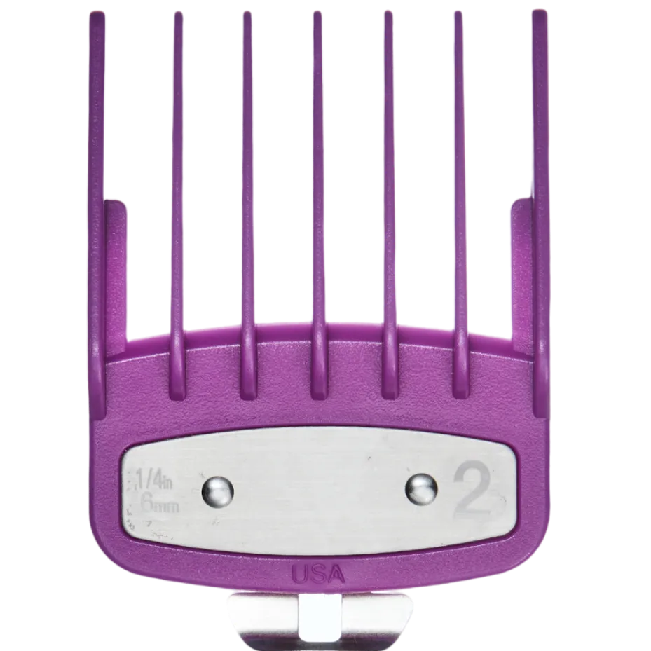 Purple hair clipper comb attachment on a transparent background