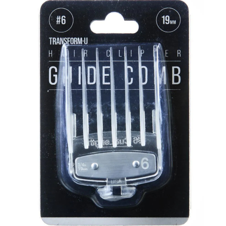 Hair clipper guide comb in packaging with brand details on a white background