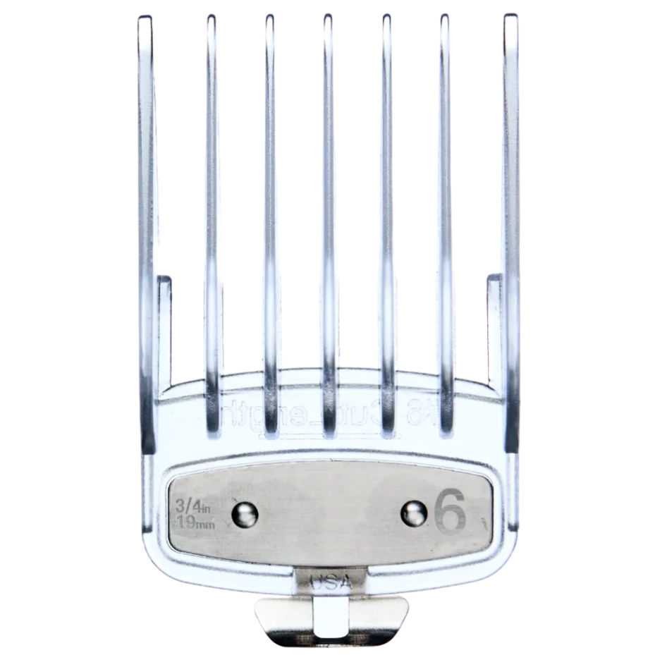 Hair clipper comb attachment with clear guide on a transparent background