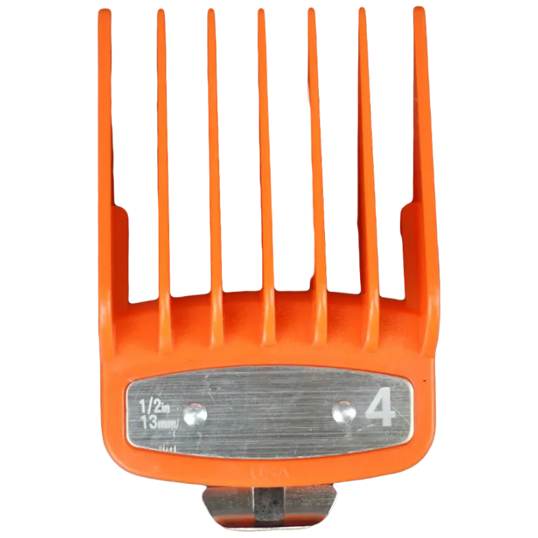 Orange hair clipper comb with size markings on a transparent background