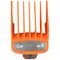 Orange hair clipper comb with size markings on a transparent background