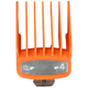 Orange hair clipper comb with size markings on a transparent background
