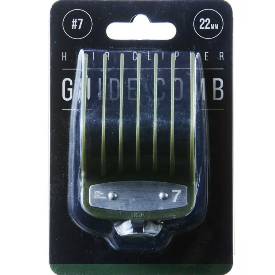 Hair clipper guide comb with clear plastic packaging on a white background