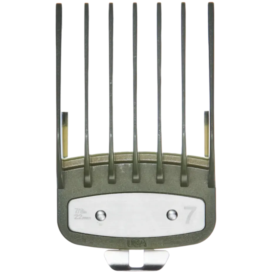 Hair clipper comb attachment with brand logo on a transparent background