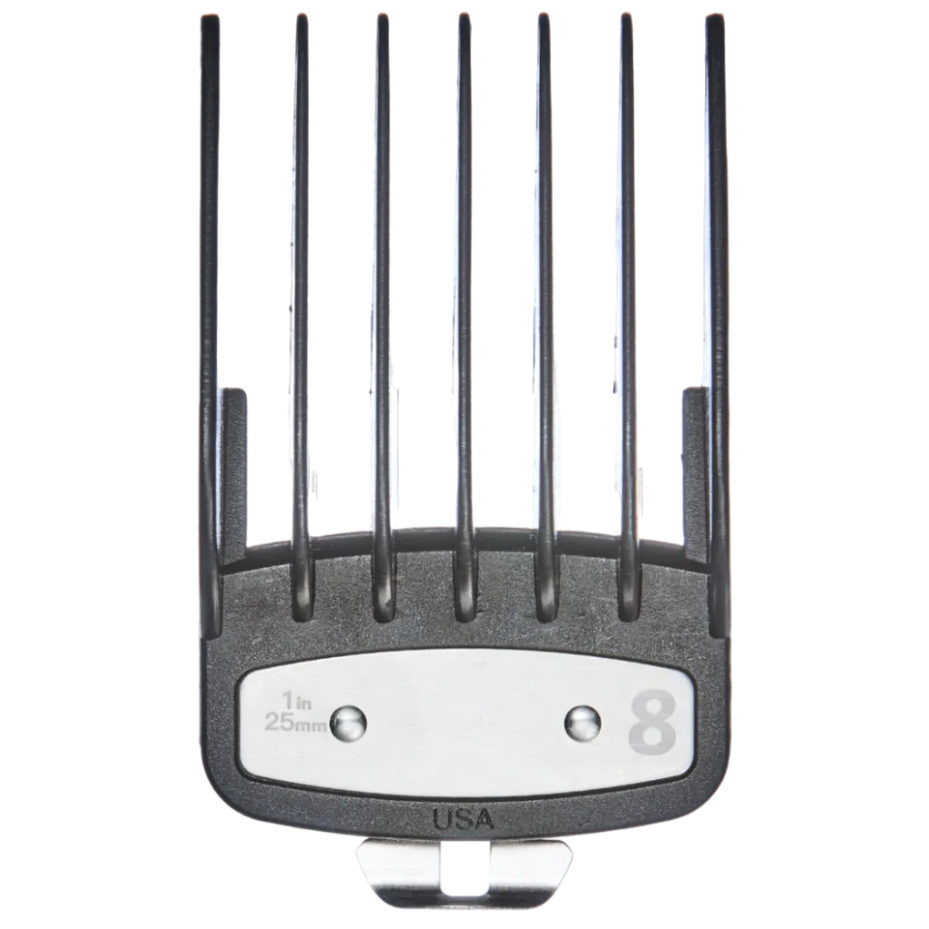 Black hair clipper comb with silver base on a transparent background
