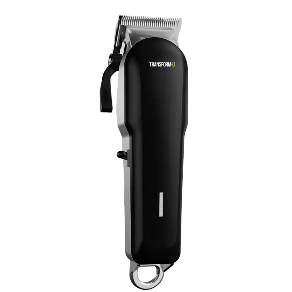Hair clipper with 'Transform U' branding on a transparent background