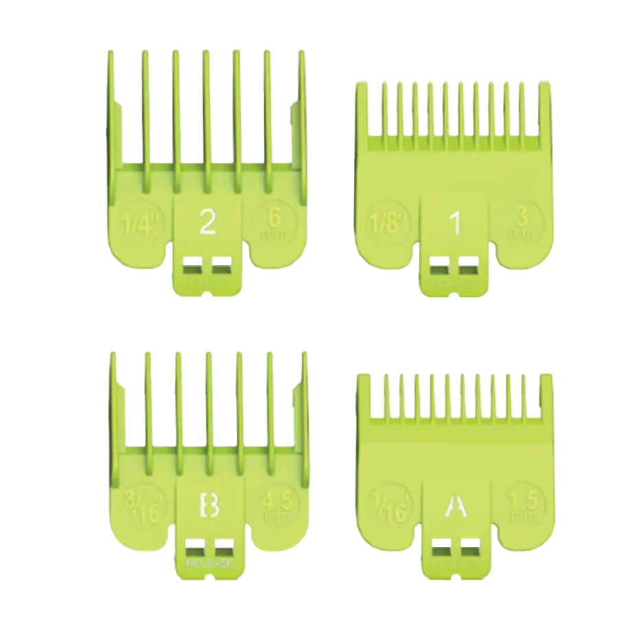 Set of four green guide comb attachments on a transparent background
