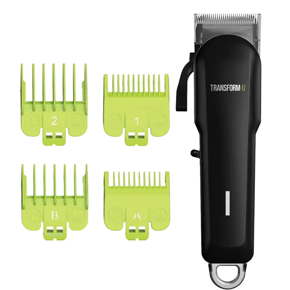 Hair clipper with green comb attachments on a transparent background