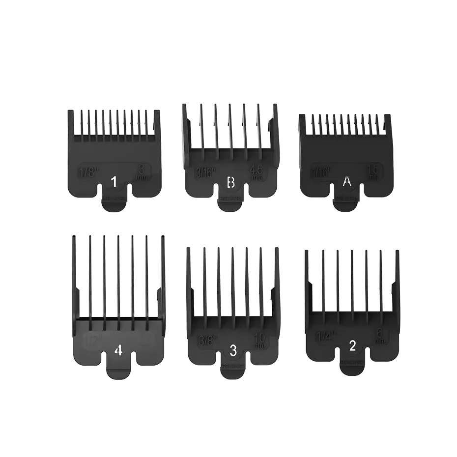 Set of six black guide comb attachments with numbers on a transparent background