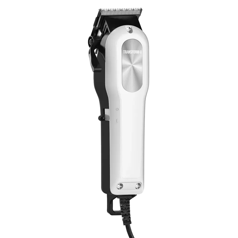Hair clipper with black and silver design on a transparent background