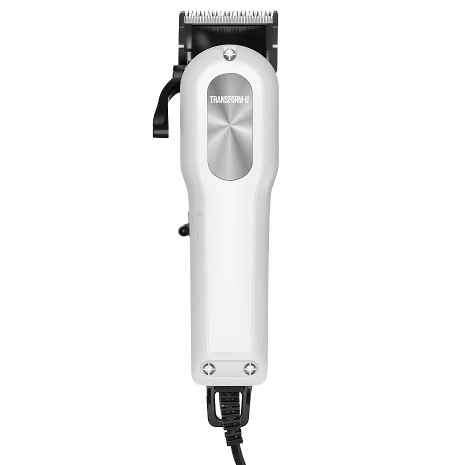 Hair clipper with silver head and white body on a transparent background