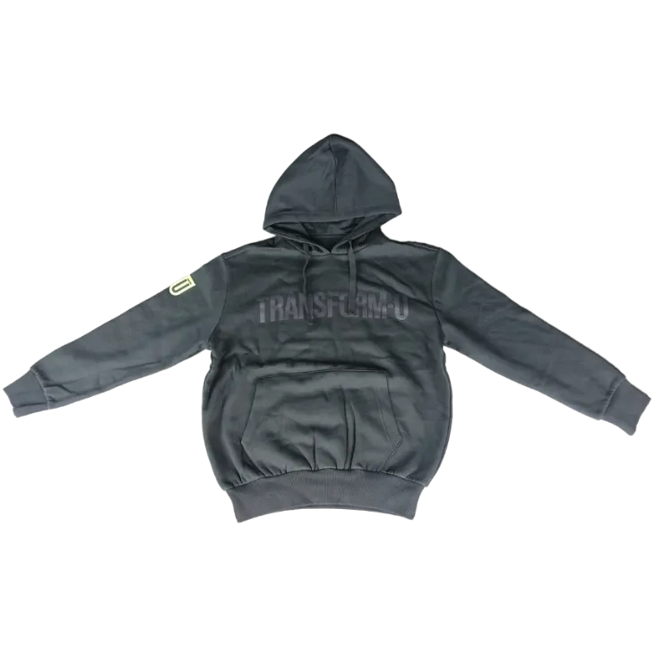 Gray hoodie with 'Transform-U' text on a transparent background