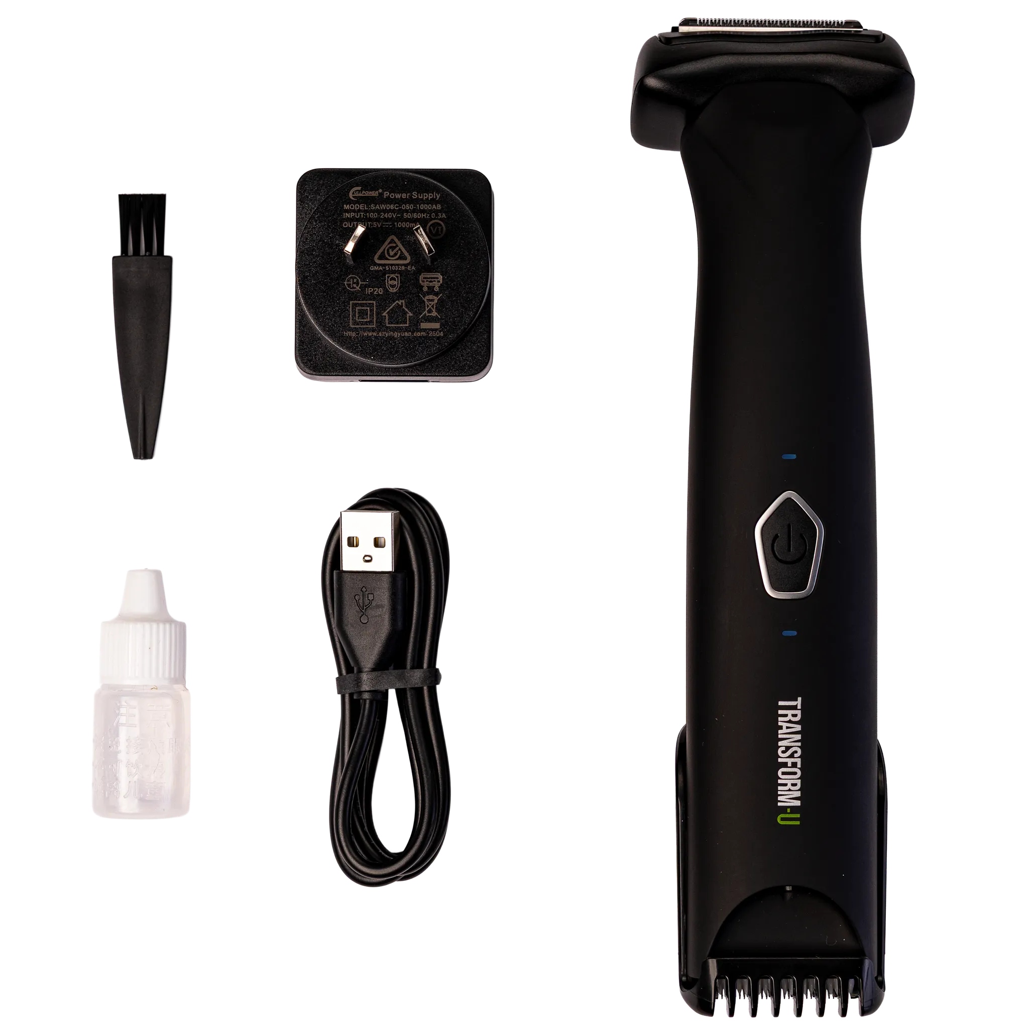 Black body grooming tool with accessories on a transparent background