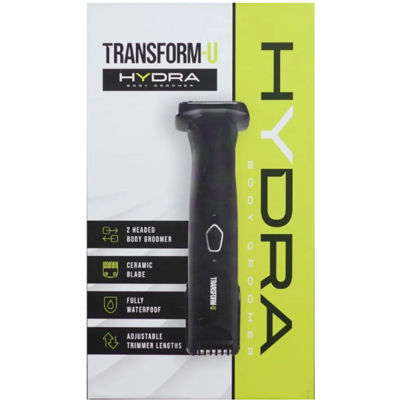Transform-u Hydra body groomer packaging with black body grooming tool on a white and green background
