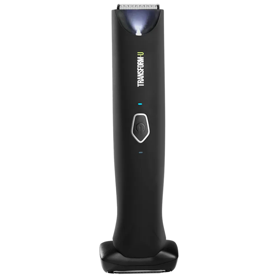 Black body grooming tool with visible brand name on a transparent background