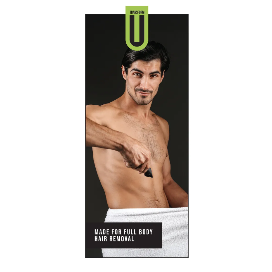 Product packaging for full body hair removal with a man on a black background