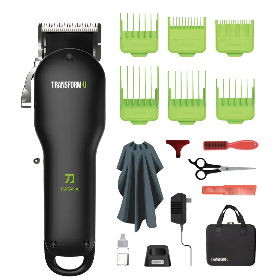 Hair clipper set with attachments and accessories on a transparent background