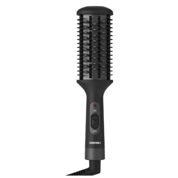 Black hair styling tool with digital display on a transparent background