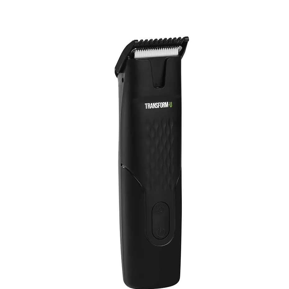 Black body groomer with guide comb, 'Transform-U' branding on a transparent background
