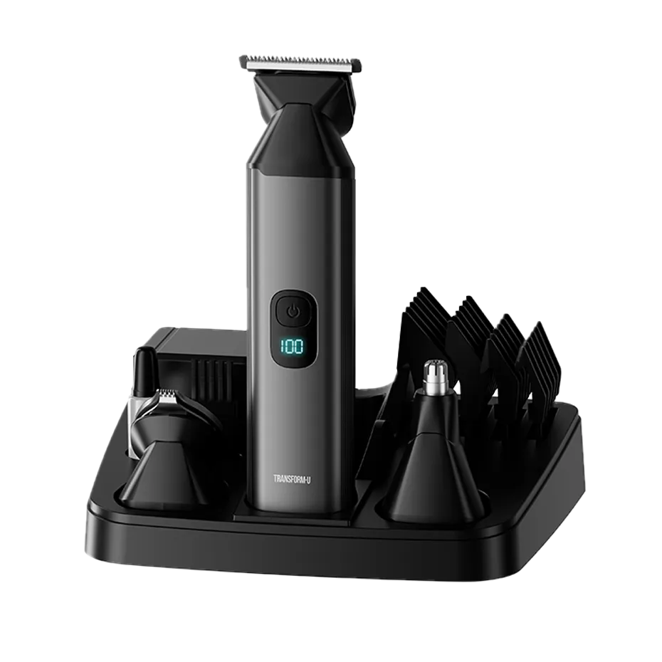 Black trimmer tool with attachments on a transparent background