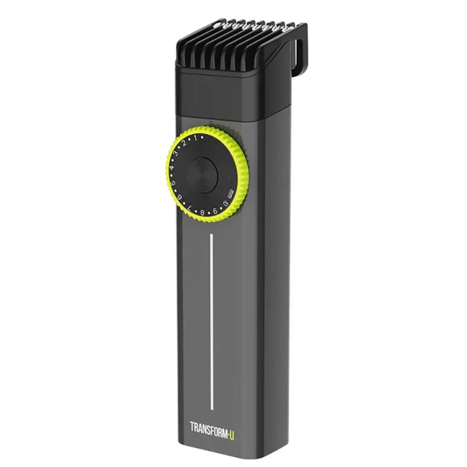 Black and gray hair trimmer with a green guide comb dial on a transparent background