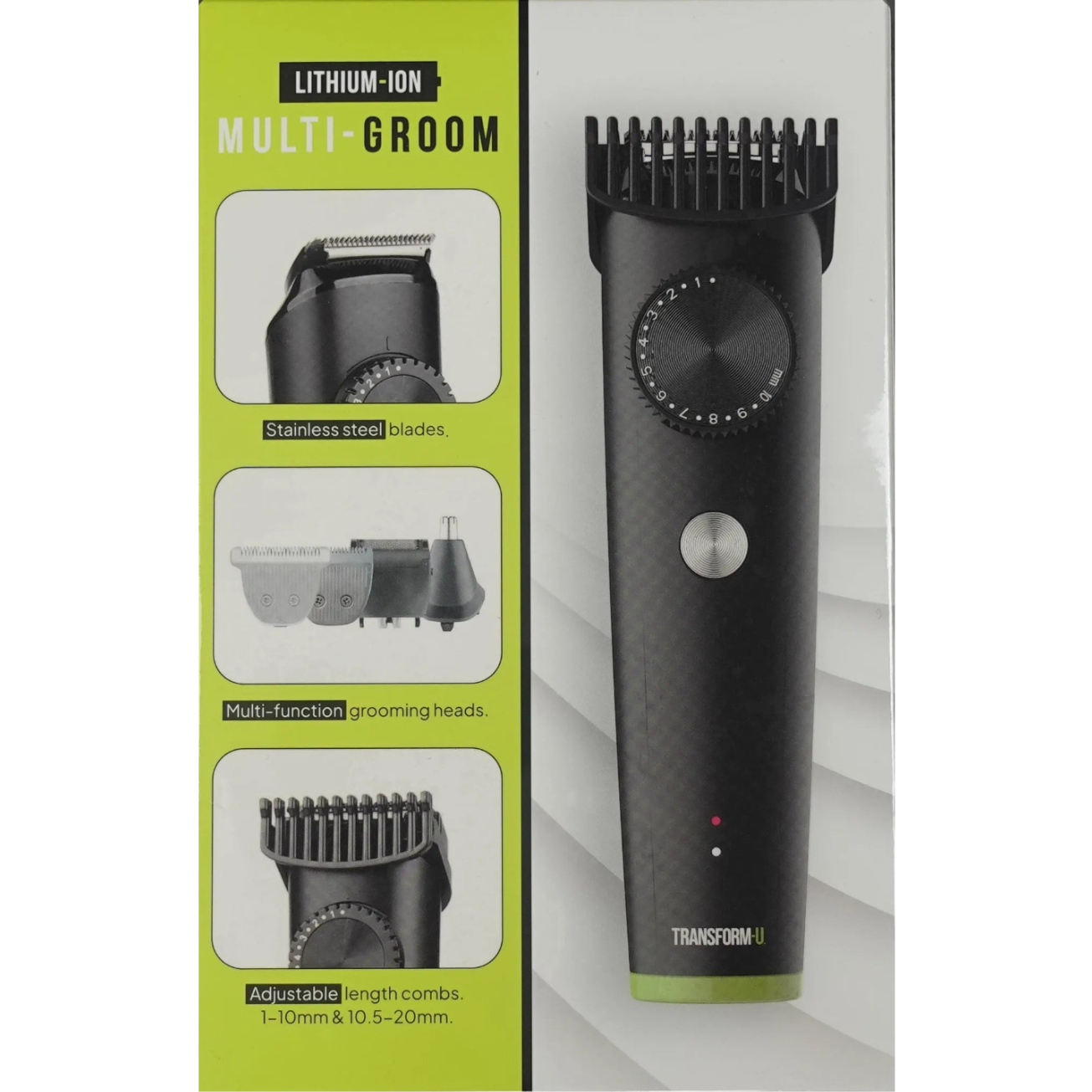 Black grooming tool with adjustable length combs on a white background