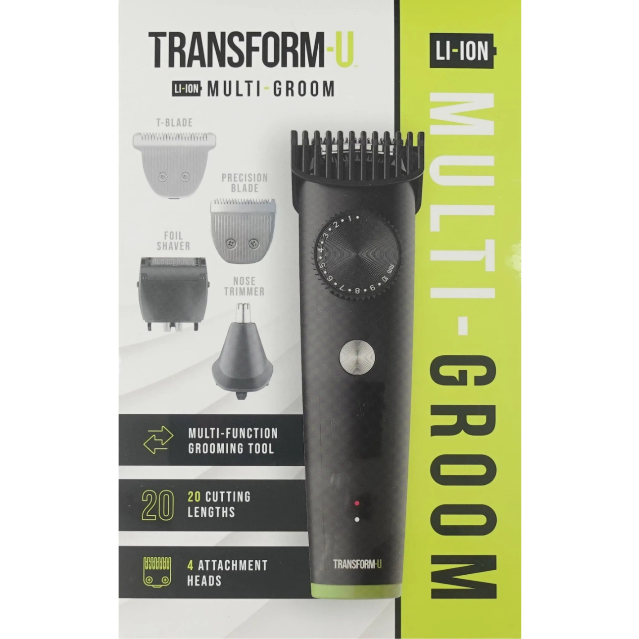 Multi-function hair trimming tool with attachments on a green and black background