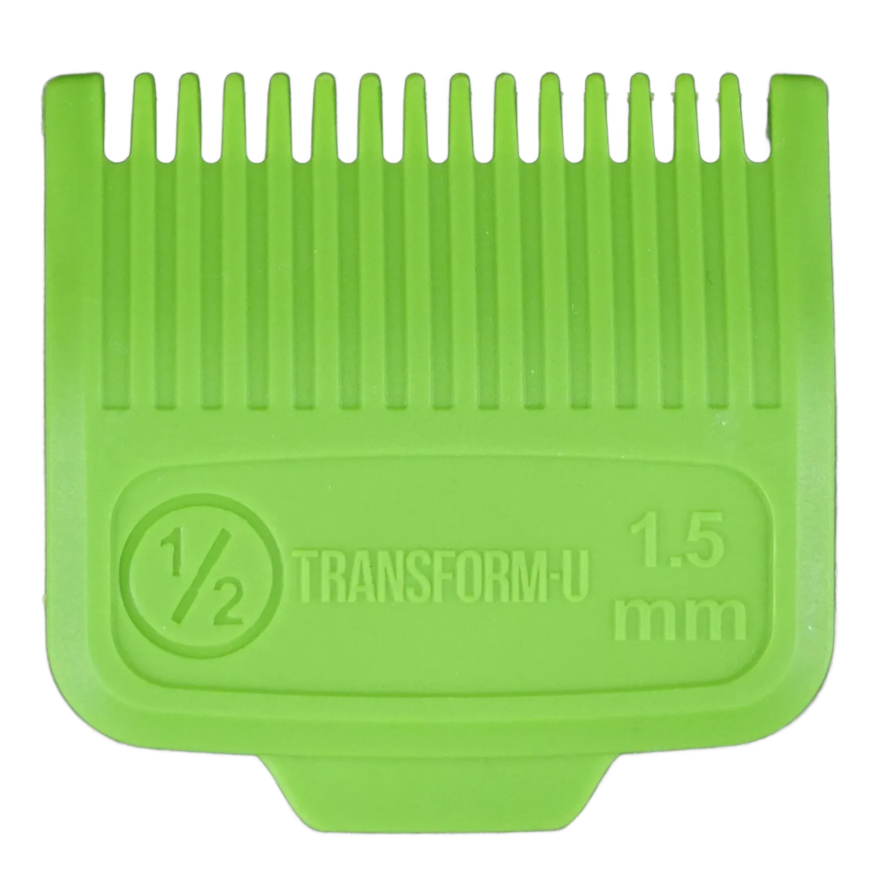 green hair trimmer guide comb that shows 1.5mm measurement on a transparent background