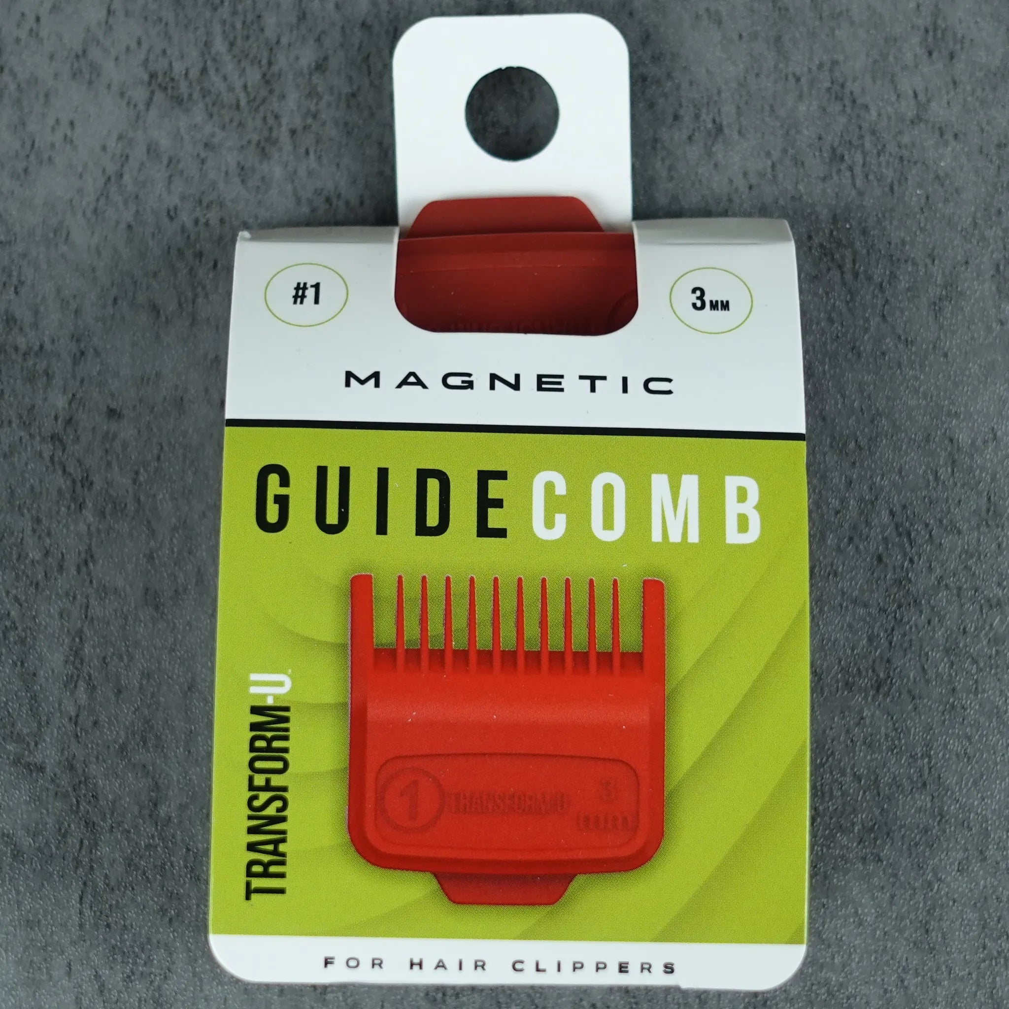 Red guide comb on a gray background with packaging labeled 'Magnetic Guide Comb'.
