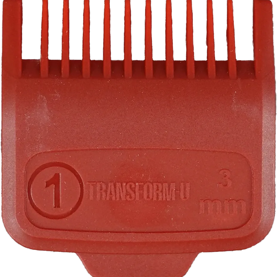 Red magnetic guide comb attachment with 'Transform U' branding on a transparent background