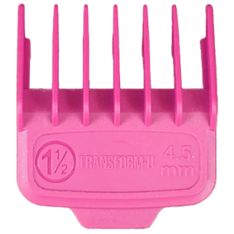 Pink hair clipper magnetic guide comb attachment with 'Transform U' branding and size 4.5mm marking.