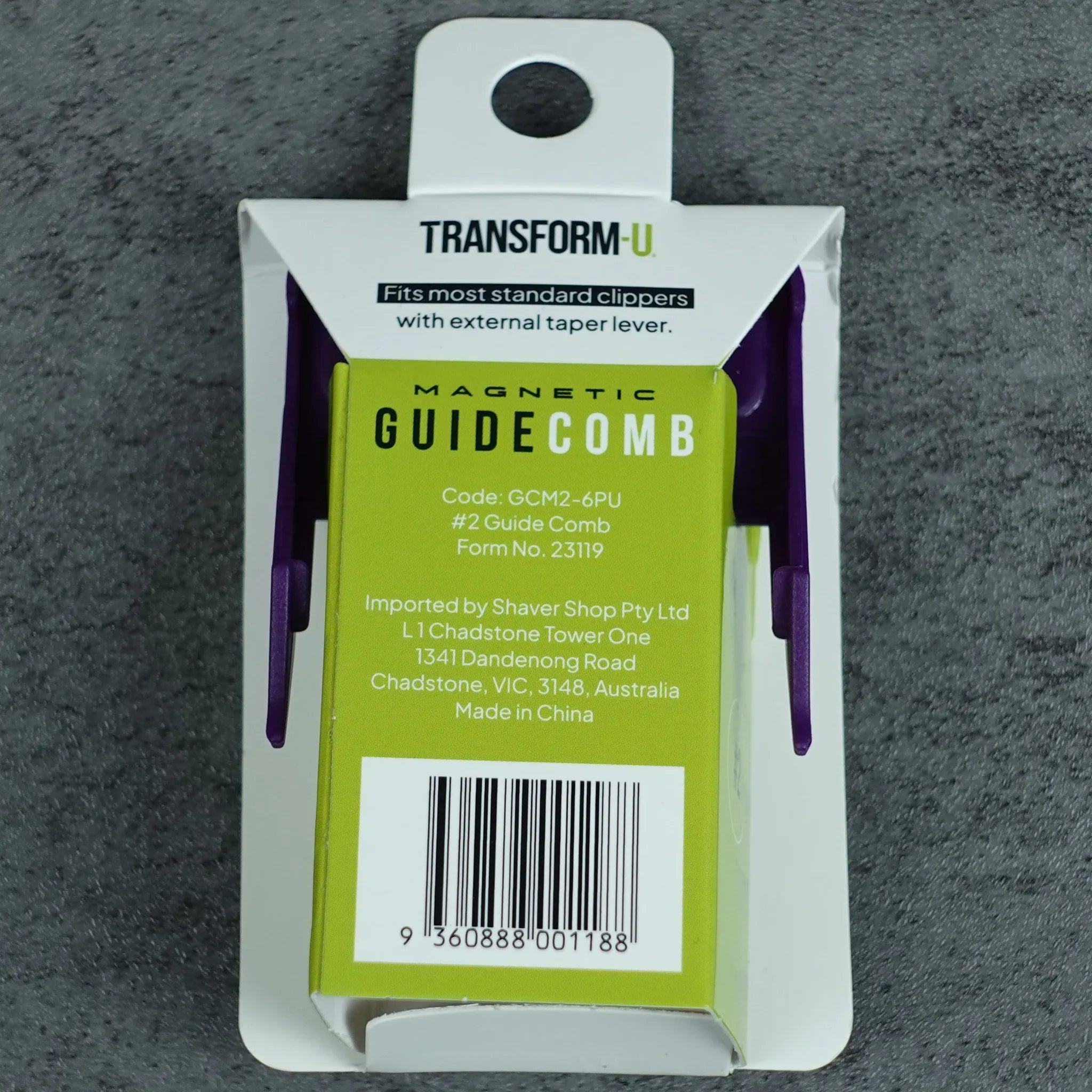 Transform U magnetic guide comb packaging on a gray background