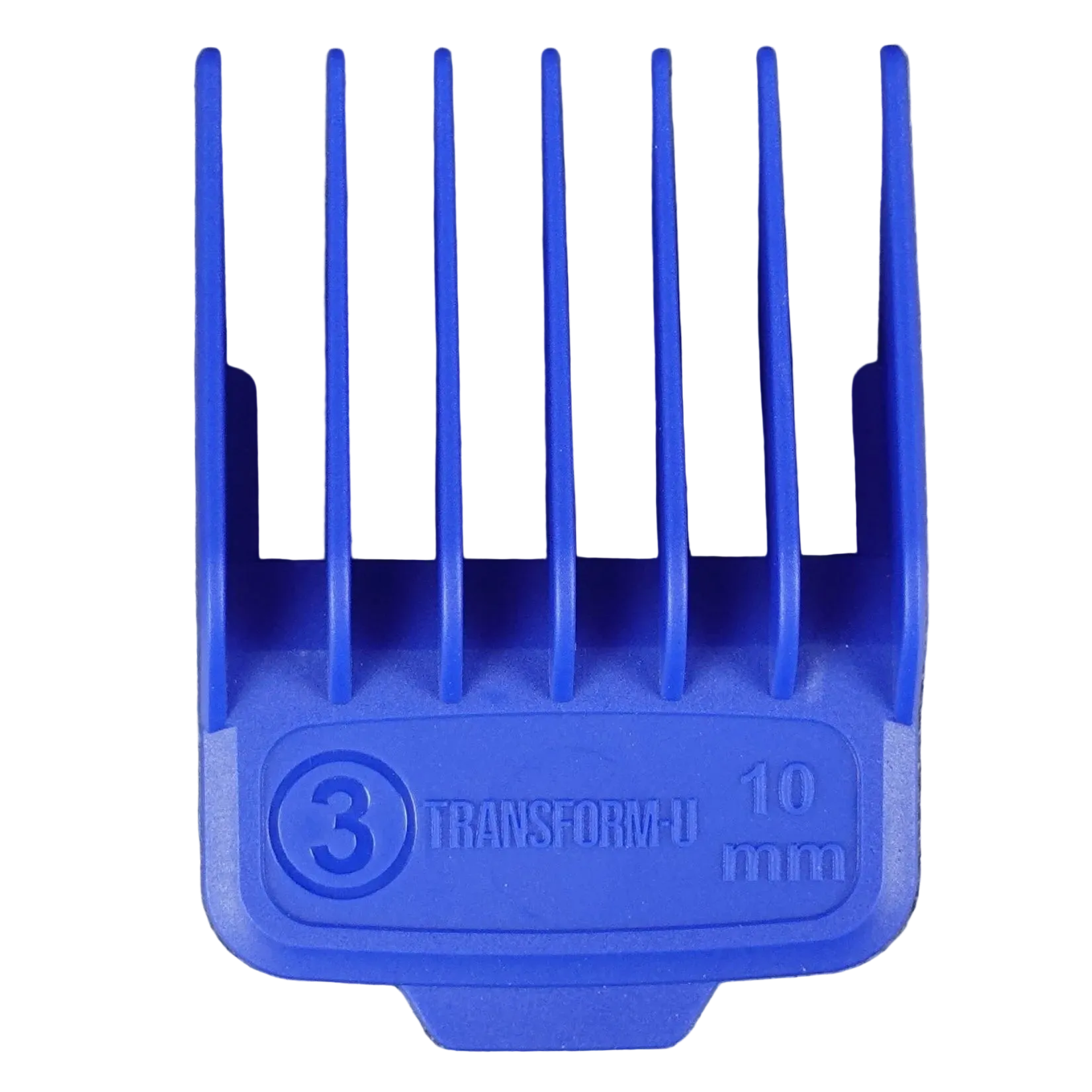 Blue hair clipper comb with 'Transform-U' branding on a gray background