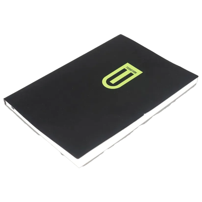 Black notebook with a green logo on a transparent background