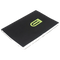Black notebook with a green logo on a transparent background