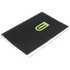 Black notebook with a green logo on a transparent background