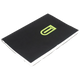 Black notebook with a green logo on a transparent background