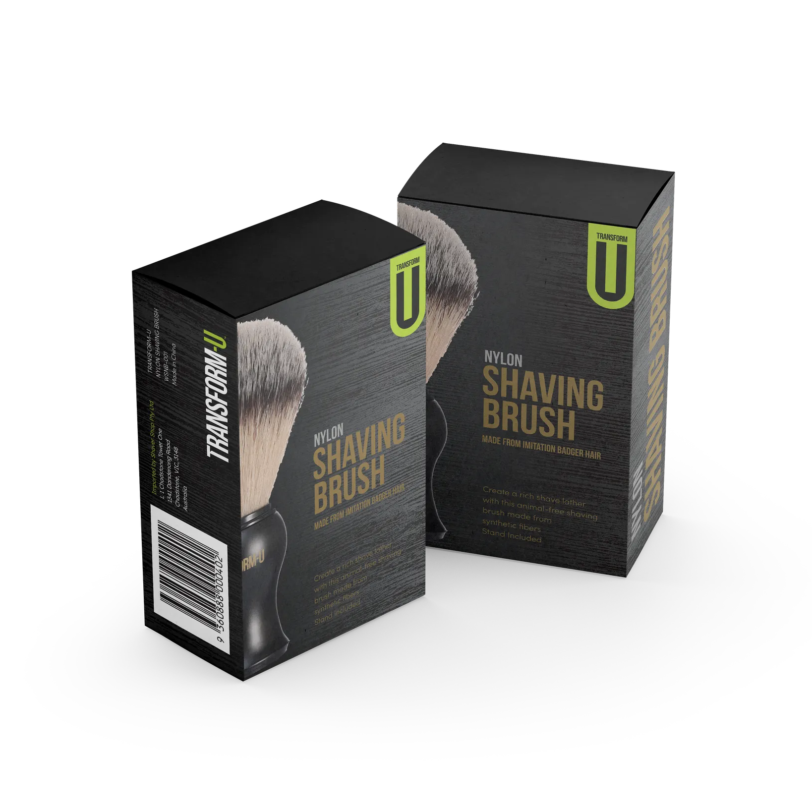 Two black boxes with images of a shaving brush and brand logo on a transparent background