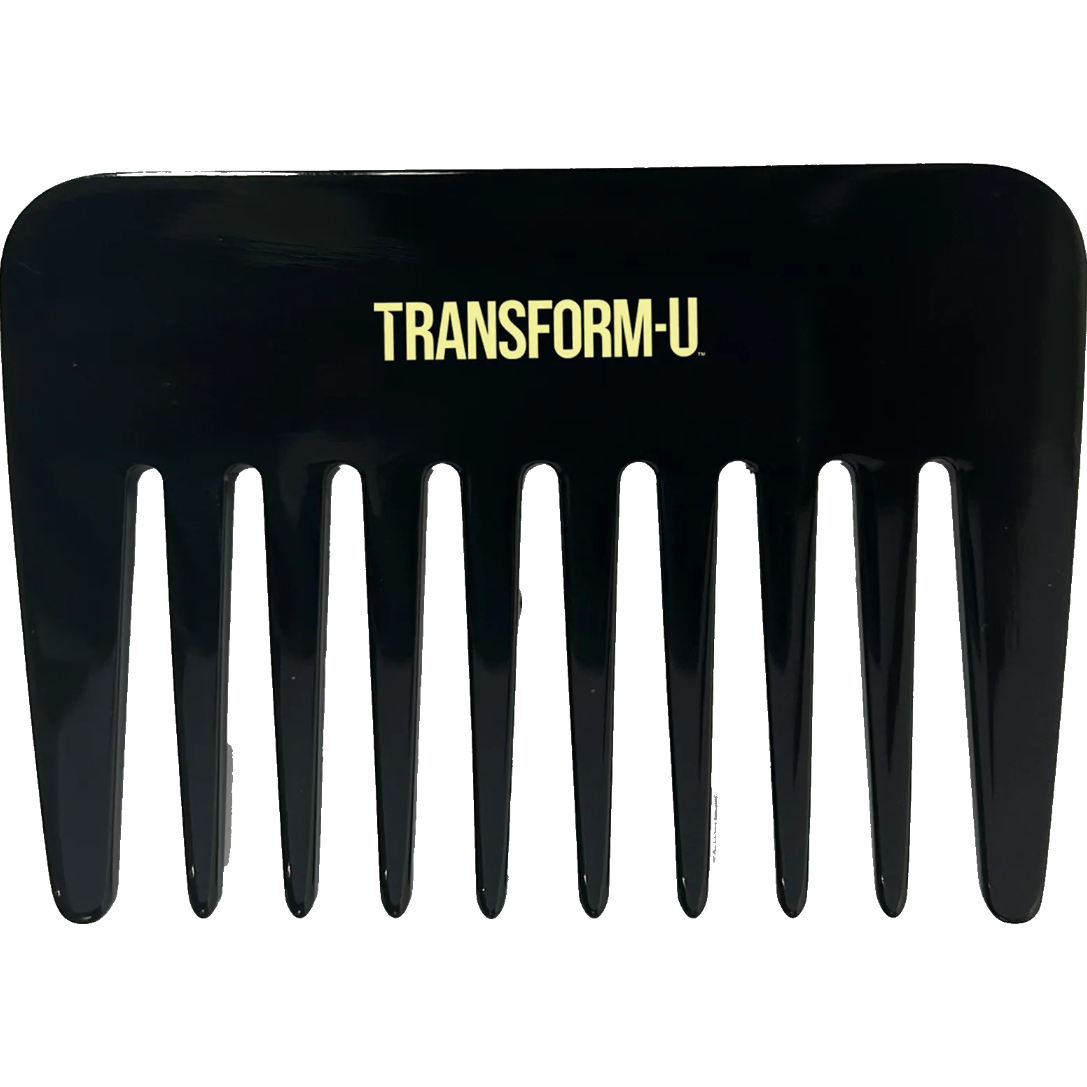 Black comb with 'TRANSFORM-U' text on a transparent background
