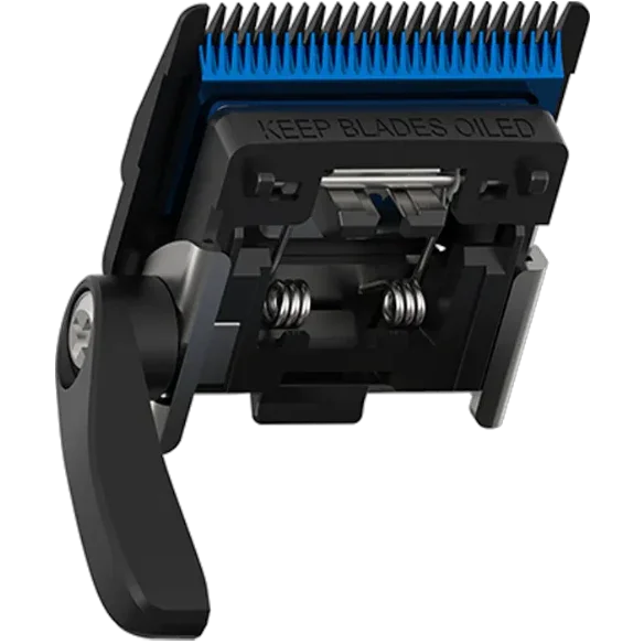 Black and blue hair clipper blade with 'Keep Blades Oiled' text on a transparent background