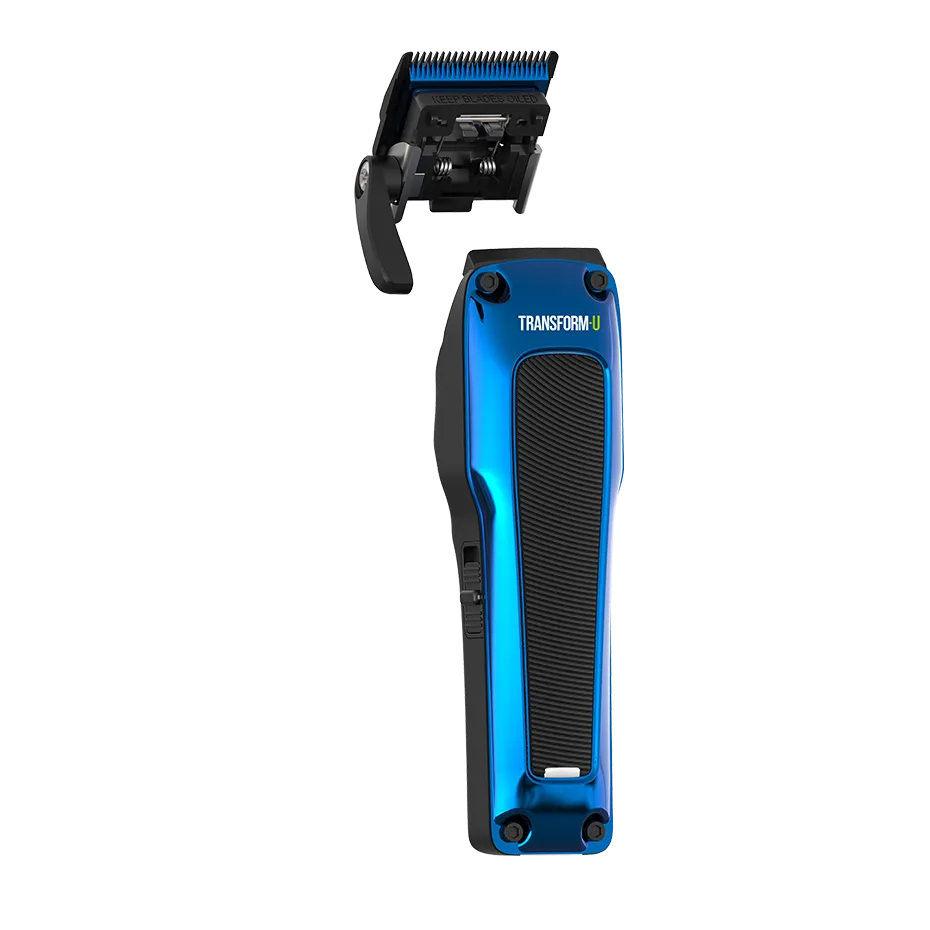 Blue and black hair clipper with detachable blade on a transparent background