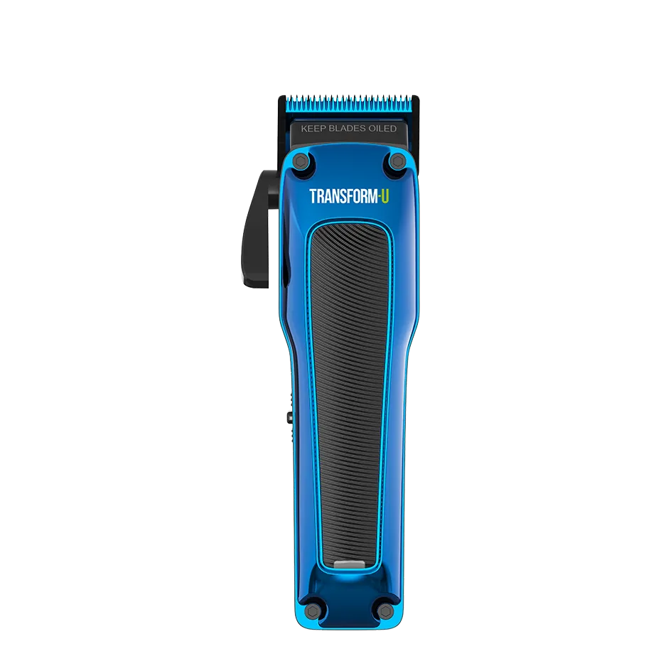 Blue hair clipper with 'Transform-U' branding on a transparent background