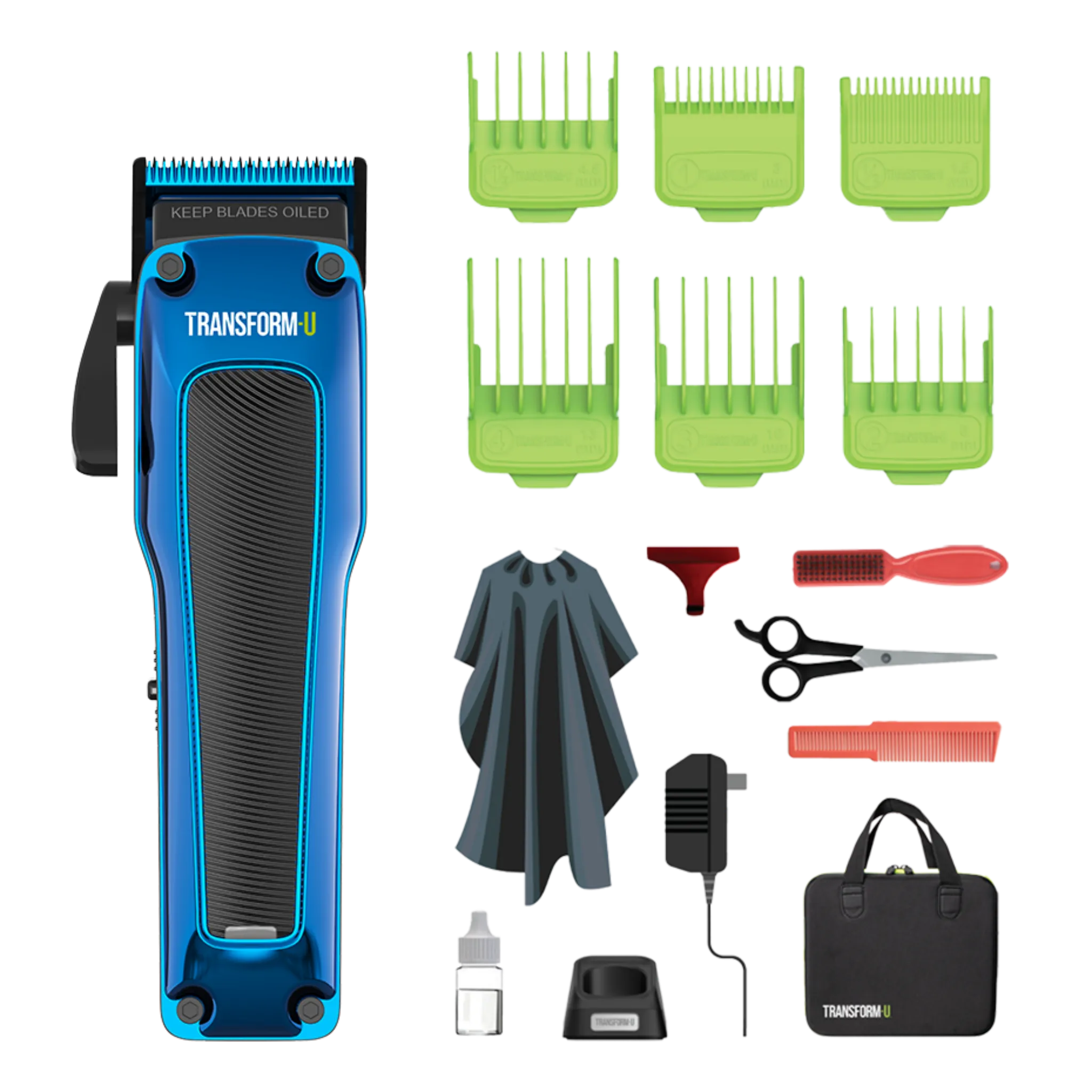 Hair clipper set with attachments and accessories on a transparent background