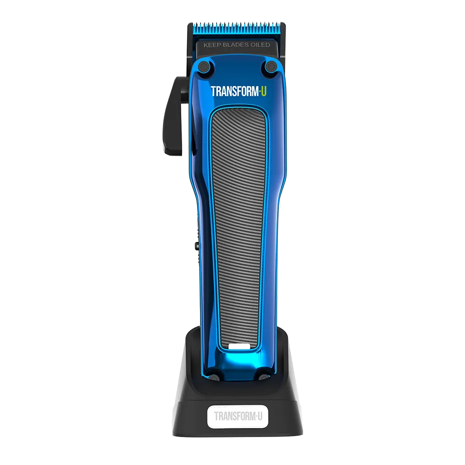Blue hair clipper with 'Transform U' branding on a transparent background
