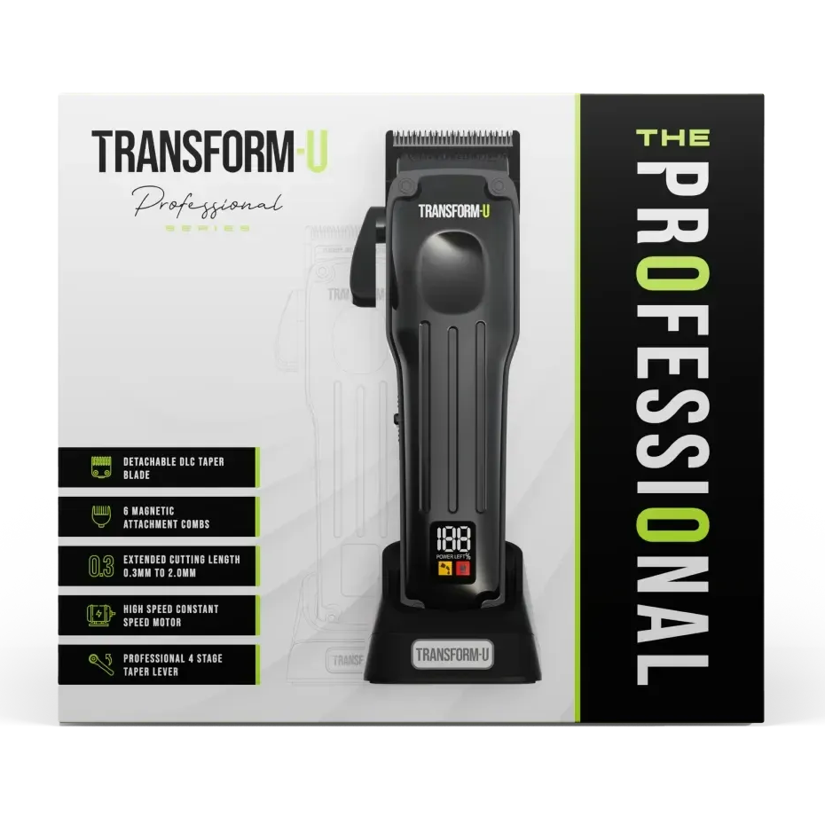 a black hair clipper box with features displayed on a transparent background